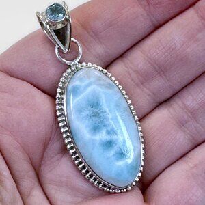Larimar Pendant, Blue Topaz, Sterling Silver,  2" Long, Dolphin Stone